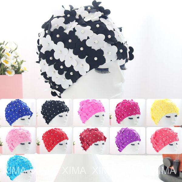 

japanese and korean pearl fashion flower petal elastic swimming cap handmade three-dimensional flower pearl cloth swimming cap