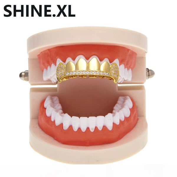 

18k позолоченный iced out циркон fang рот зубы caps top bottom зуб set мужчины женщины вампир зубы мода ювелирные изделия, Black