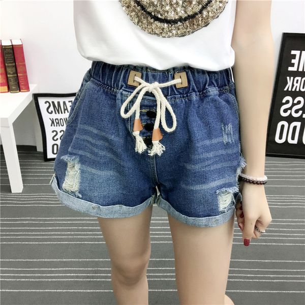

women denim shorts elastic high waist plus size fashion classic vintage blue wide leg female loose hole ripped jeans, White;black