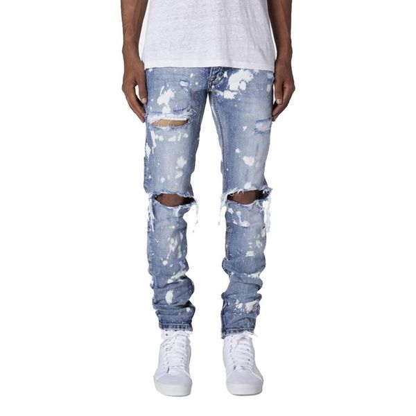 

men ripped skinny jeans distressed destroyed slim fit stretch biker washed pants with holes full length jeans, Blue