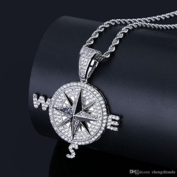 

iced out bling cubic zircon compass necklace pendant chain hip hop gold silver color charm jewelry gifts