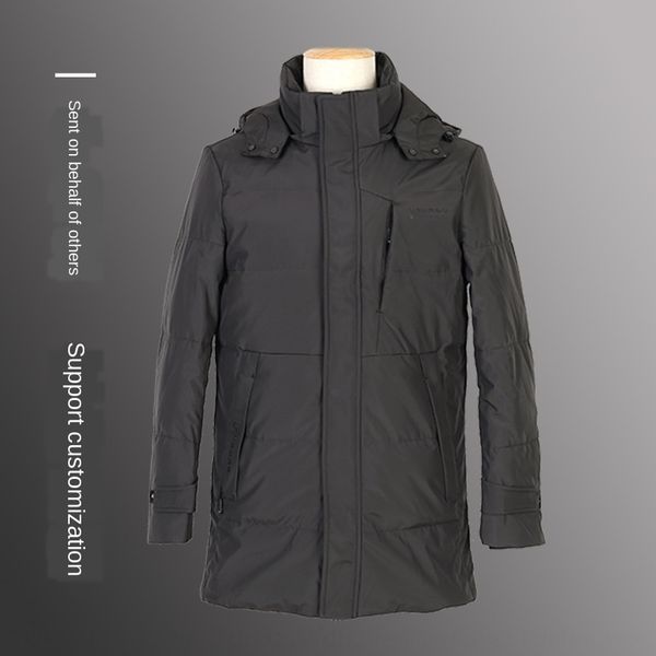 

men's middle-aged winter new dark gray warm down jacket mid-length hooded warm 80 velvet casual down jacket, Black