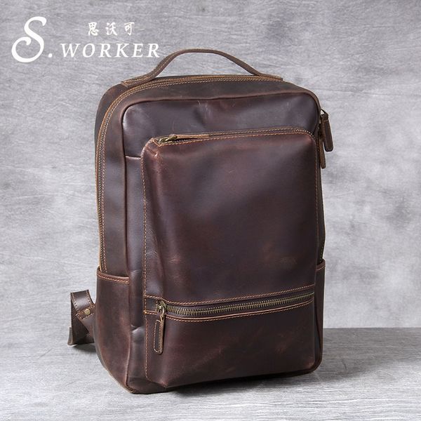 

new crazy horse bag computer skin backpack handmade layer cowhide backpack men's genuine computer bag
