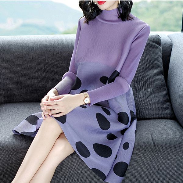 

azterumi special pleats spring new women fashion large size loose dress stand collar polka dot miyak pleated mini dresses, Black;gray