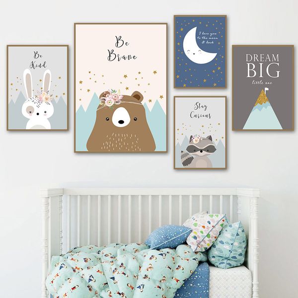 

woodland animal print rabbit bear nursery wall art poster cartoon moon canvas painting nordic wall pictures kids baby room decor