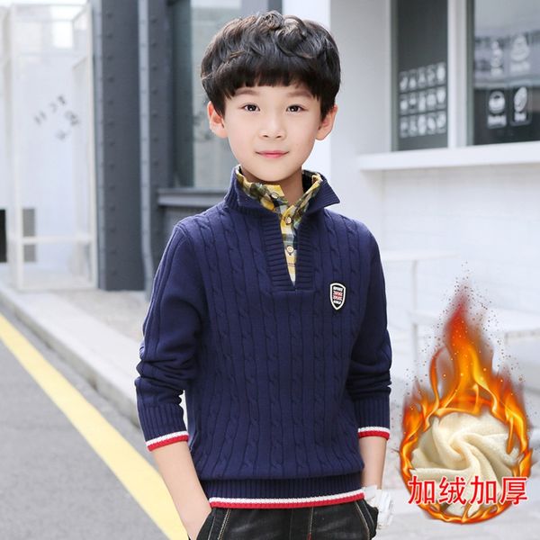 

children's wear boy's warm sweater children's warm knitted sweater round collar winter 019 new thickened top, Blue