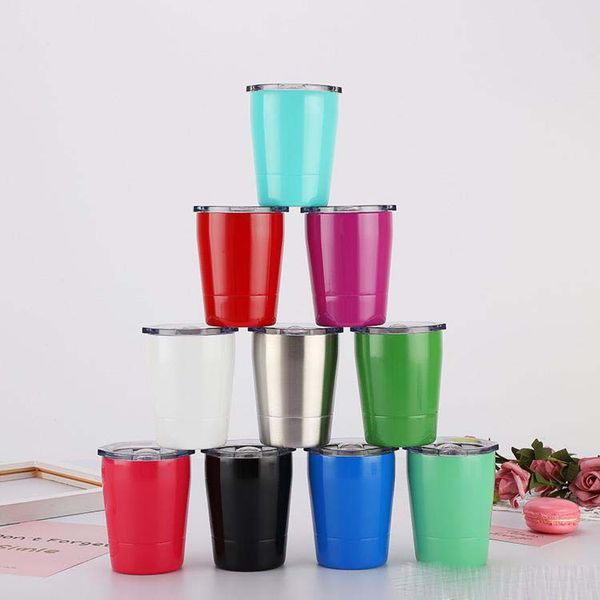

9oz Stainless Steel Tumbler kids mugs stemless wine glasses outdoor Coffee water Milk cups with straws and Lids