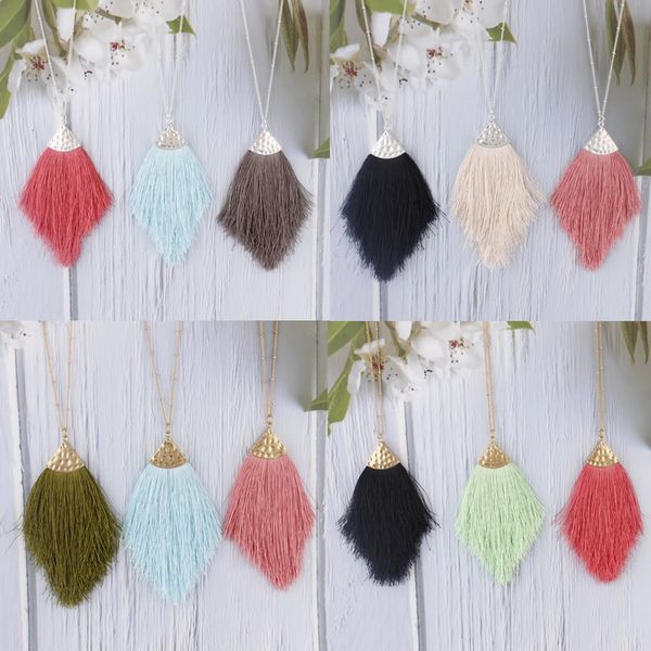 

31.0 inches boho style dainty feather tip silk tassel long chain pendant necklaces for women mother's day mom gift chic jewelry, Silver