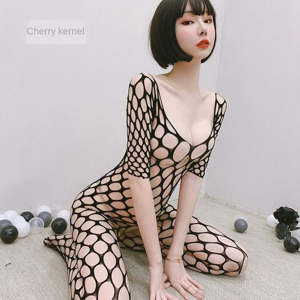 

cherry core underwear long sleeve large underwear hole one-piece mesh socks mesh clothes crotch perspective 8027, Black;white