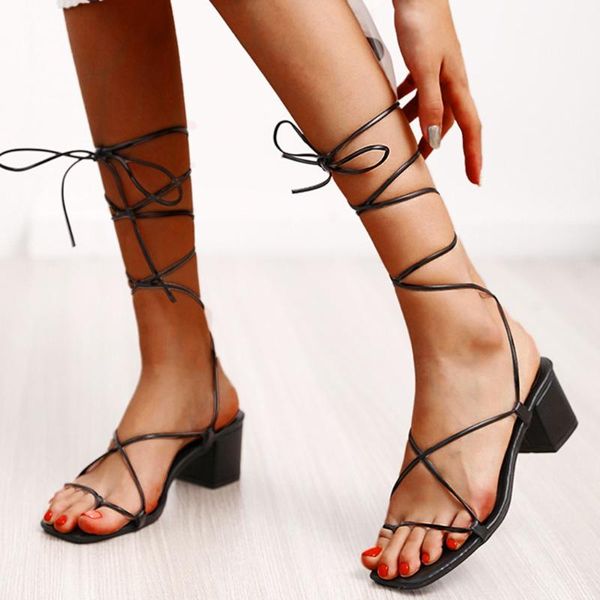 

flat sandals for women 2020 cross ankle strap tie tip toes sandals hoof heels med summer beach shoes sandalia feminina, Black