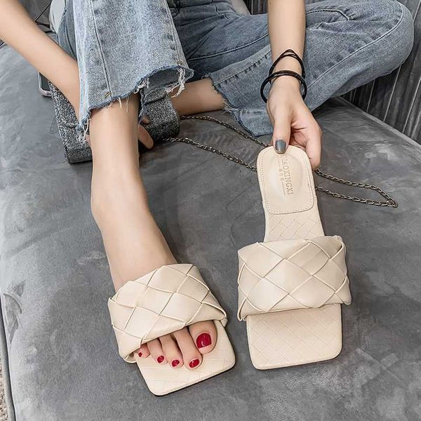 

slippers laasimi square toe women's pu leather weave summer shoes women open flat casual slides beach flip flops 2021, Black