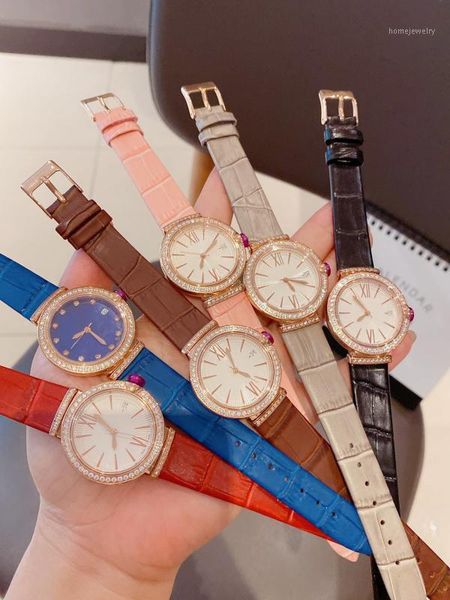 

wristwatches women designer watches 33mm quartz movement lady diamond watch fashion round leather strap casual watches1, Slivery;brown