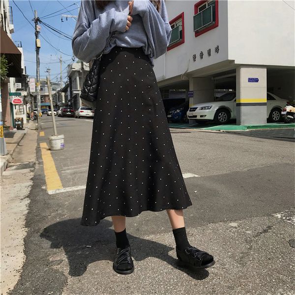 

black polka dots elegant mermaid autumn vintage sweet women high waist all match a line large size long skirts