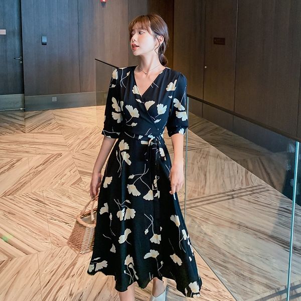 

vqthd цветочные шифон средней длины платье 2020 длинная юбка длинная юбка лето новый пригонки подходят элегантный v-образным вырезом чрезмер, Black;gray