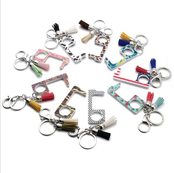 Estilo Acrílico Sem porta de toque Keychain Chaveiro Face Dupla Flor Impresso Abridor de Porta com Touchless com 2 cores Borlas Keychains M052A