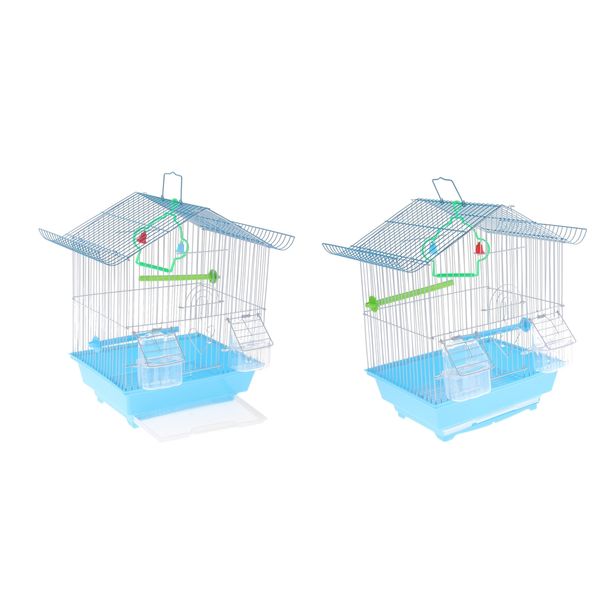 

2x bird house metal small parakeet cockatiel cage + bird stand stick blue