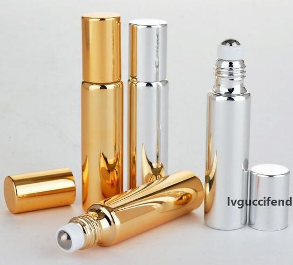 

wholesale 300pcs 10ml roll on glass bottle black gold silver fragrances essential oil perfume bottles with metal roller ball ing