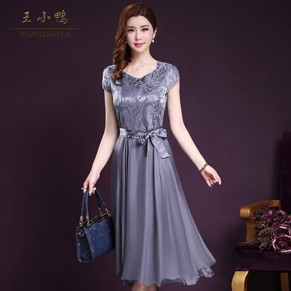 

2020 grace suit -dress summer short sleeve real silk dress self -cultivation will pendulum a family words pleated skirt, Black;gray