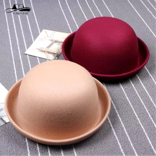 

korean season women's dome imitation woolen british parent-child children's wool wool hat fashion curled small hat, Yellow