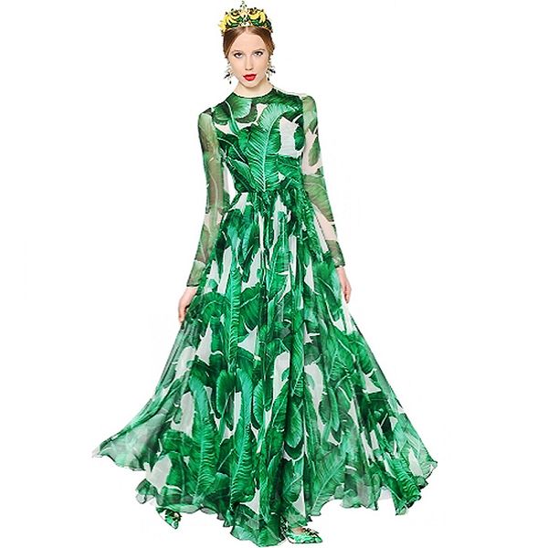 

s-xxxl brand ladies new fashion banana leaves printed thin long sleeves women dress ing, Black;gray