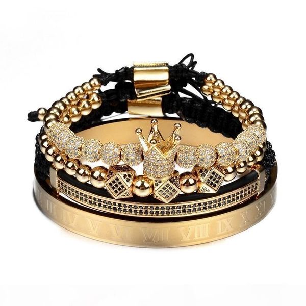 

k hot sale классический ручной плетение браслет золото hip hop мужчины pave cz циркон корона римская цифра браслет роскошные ювелирные издел, Golden;silver