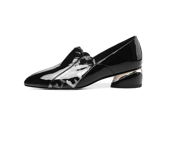 

comfortable 2 autumn chunky heel shoes women's leather pointed-toe color matching fashion semi-high heeled women's shoes, Black