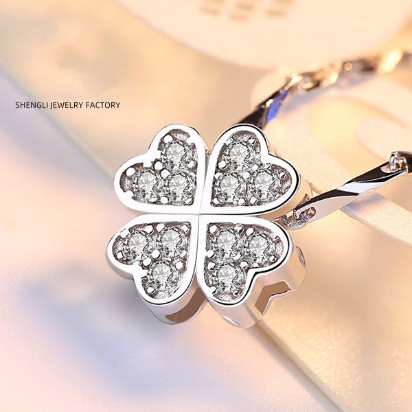 

s999 sterling silver necklace female clavicle chain four-leaf clover full silver jewelry pendant japanese and korean simple birthday gift fo
