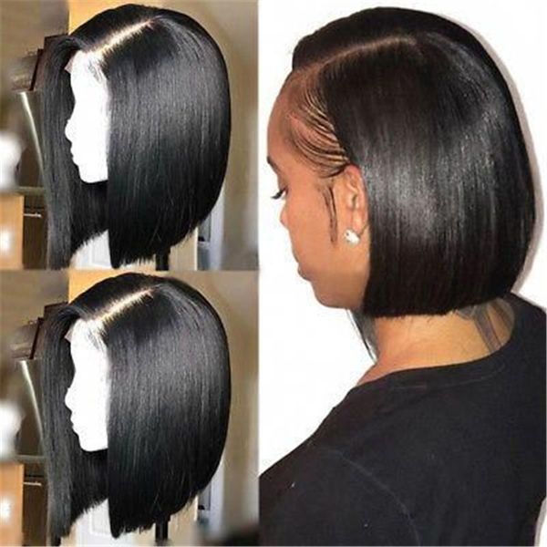 

new remy bob short lace front wig glueless for black women lace front human hair wigs straight brazilian hair with baby hair, Black;brown