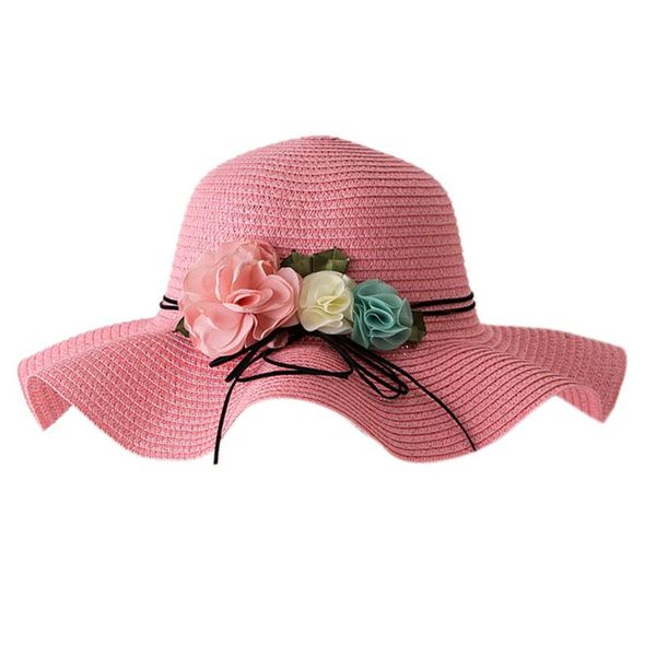 

kancoold summer children's solid color beach hat straw hat baby girl fashion big eaves wave edge lace flower straps sun, Yellow