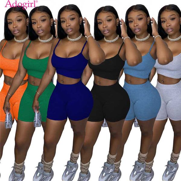 

adogirl women tracksuit fashion casual solid color camisole shorts two piece suit pants set summer fitness outfits, White