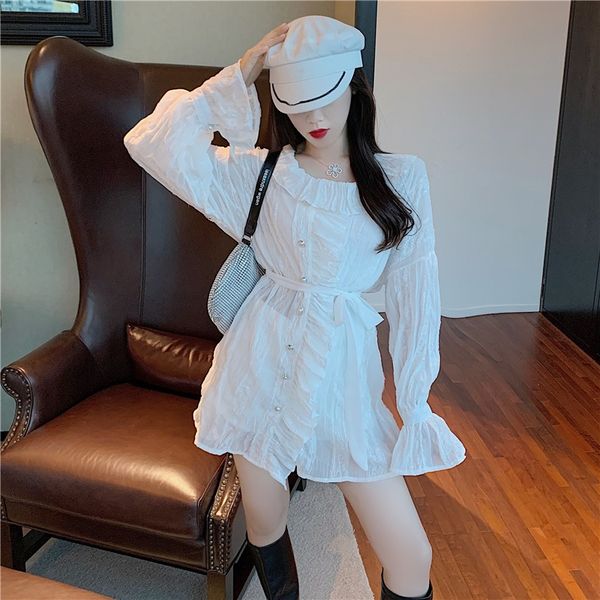 

2020 new super fairy chiffon waist slimming ruffles temperament goddess fan ke salt sweet shirt dress, White;black