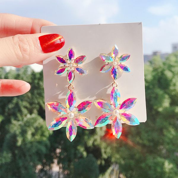 

dominated contracted hyperbole style fine multicolor crystal flower drop earrings korean long shining joker women earrings new, Silver