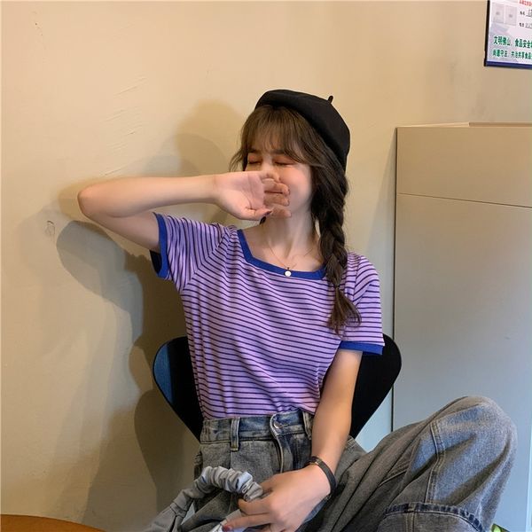 

women's striped short-sleeved 2020 new t-shirt t-shirt korean style short versatile slim-fit square collar fashion sweater top, White