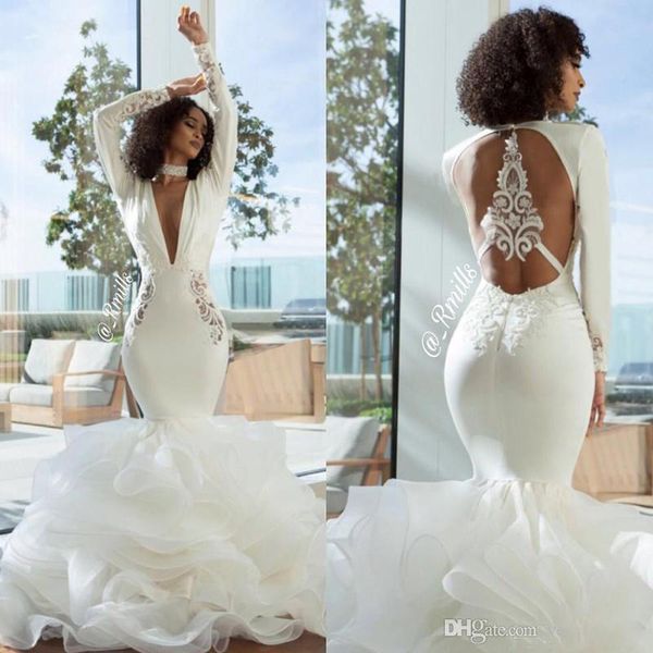 

2020 arabic long sleeves mermaid wedding dresses deep v neck hollow back long bridal gowns lace satin beach wedding gowns, White