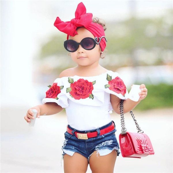 

summer baby kids girls clothes 3d flower print sleeveless ruffle round neck pullover t-shirts denim hole pants 2pc cotton set, White