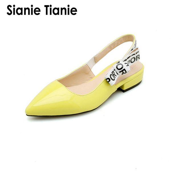 

sianie tianie 2020 summer patent pu pointed toe square chunky low heels yellow white woman sandals slingback shoes size 45 46 47, Black