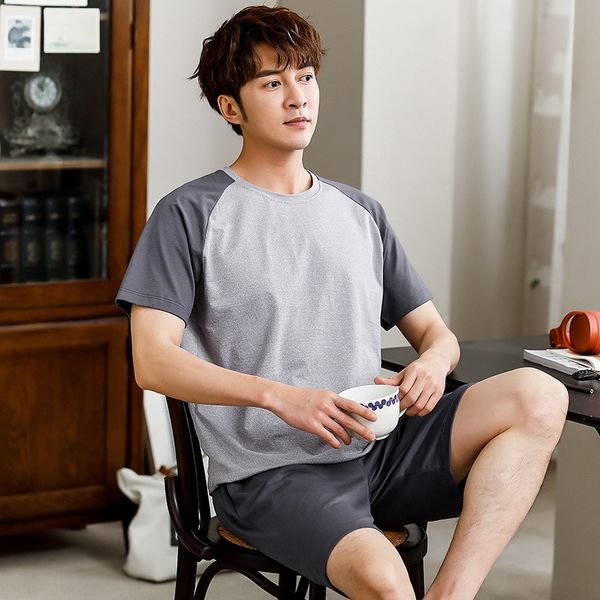 

q1p86 summer new cotton and linen men's home clothes cotton and linen shorts short-sleeved shorts pajamas suit color matching simple ou, Black;brown