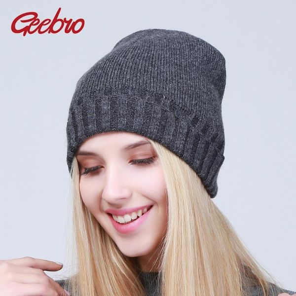 

geebro women's knitted wool beanies winter warm wool solid color knitted hat for women ladies cashmere knitting beanies hats, Blue;gray