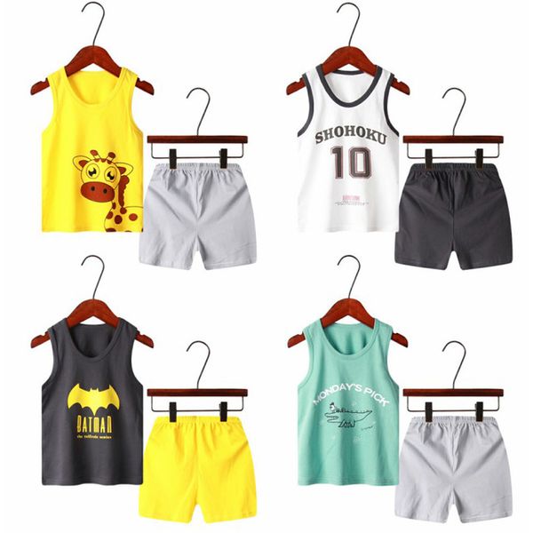 

children sport suit summer boys clothing set cartoon girls tracksuit cotton clothes sets for baby outfits vest+shorts 2pcs/set, White
