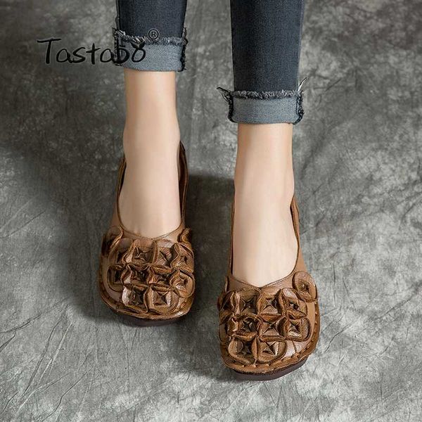 

tastabo leather women's shoes vintage style single shoes khaki red optional comfortable soft bottom low heel design, Black