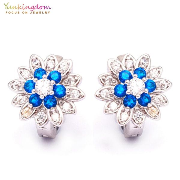 

yunkingdom brand wholesale hoop earrings for women blue crystal cubic zirconia earring elegant fashion jewelry k1544, Golden;silver