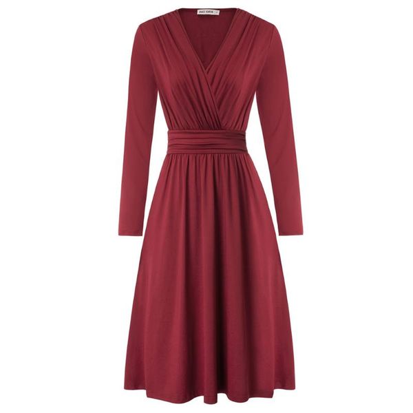 

women dresses summer autumn surplice v-neck dress with pockets ruched pleated long sleeve a-line ruched knee dress, Black;gray