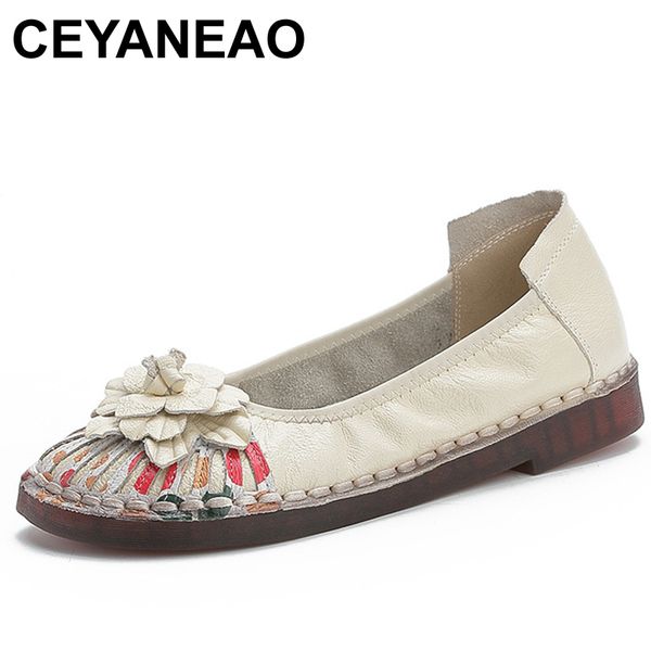 

ceyaneao for women women's shoes made of genuine leather moccasins without heels flowers are slipons retro ethnic soft 36-41, Black