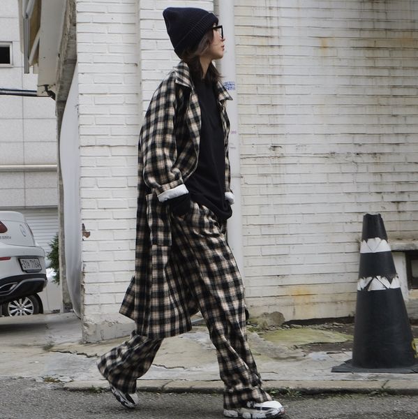 

lufu winter new korean fashionable lapel plaid en loose mid-length wool loose wool coat woolcoat for women, Black