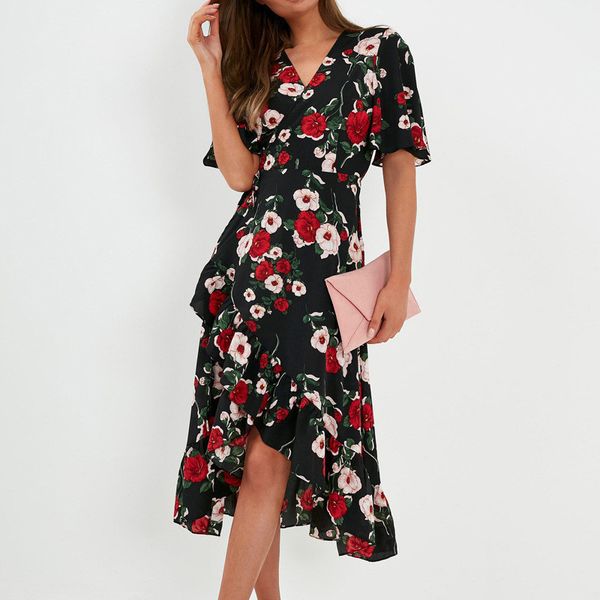 

2019 new arrived retro floral long women party dress fashion v-neck short sleeve plus size casual chiffon boho maxi summer dress, Black;gray