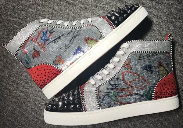

new season red bottom sneakers men casual shoes luxury print silver pink pik no limit rare studs and rhinestones graffiti2020, Black