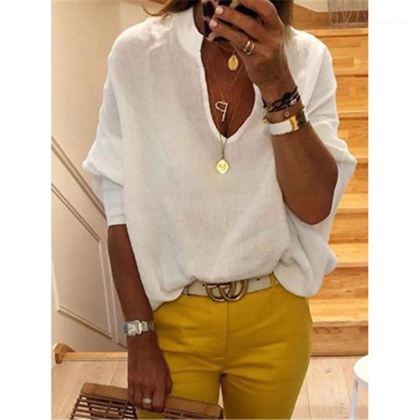 

summer female v neck solid color tees deep v-neck women long sleeve blouse fashion loose casual t-shirt designer, White