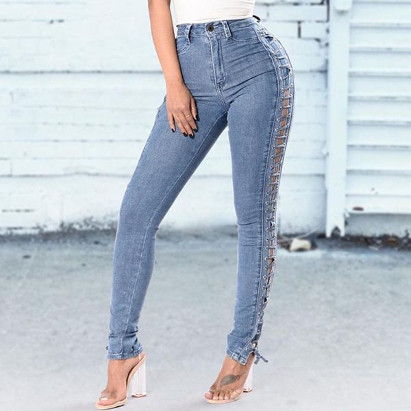 

skinny jeans woman high waist hollow bandage denim pencil pants trousers women 2020 summer autumn push up jeans ladies, Blue