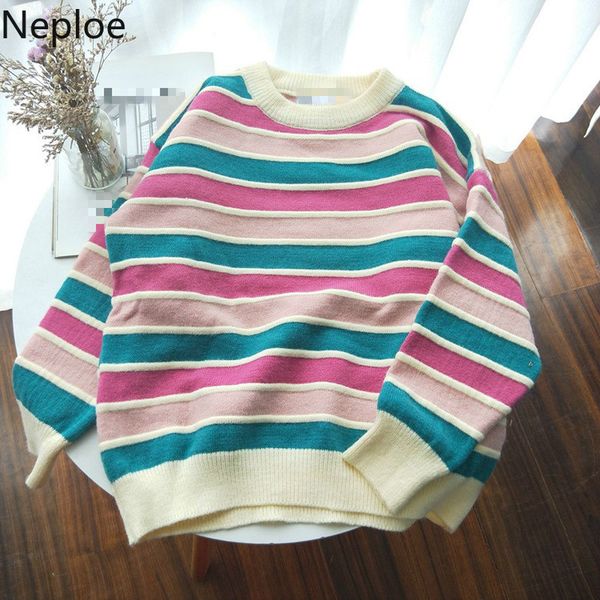 

neploe 2020 autumn new fashion striped loose ladies pullover all-match round neck long-sleeved knitted sweater women 1f398, White;black