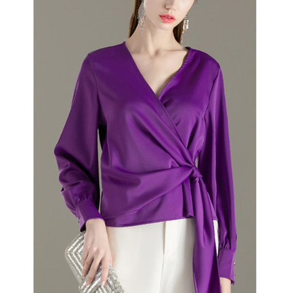 

spring french low collar silk chiffon shirt women's lantern sleeve lace up irregular long sleeve shirt trend, White